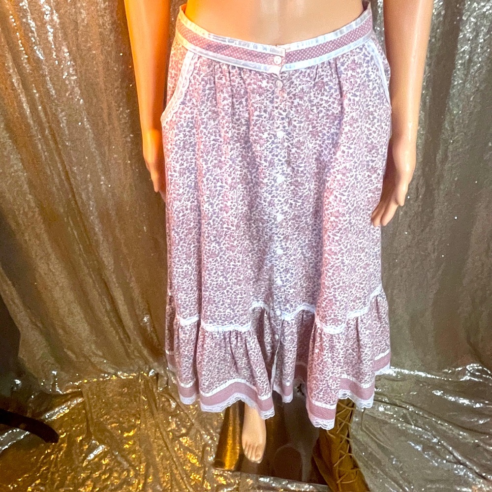 Gunne Sax vintage skirt prairie pink floral lace and satin 25”-26” waist